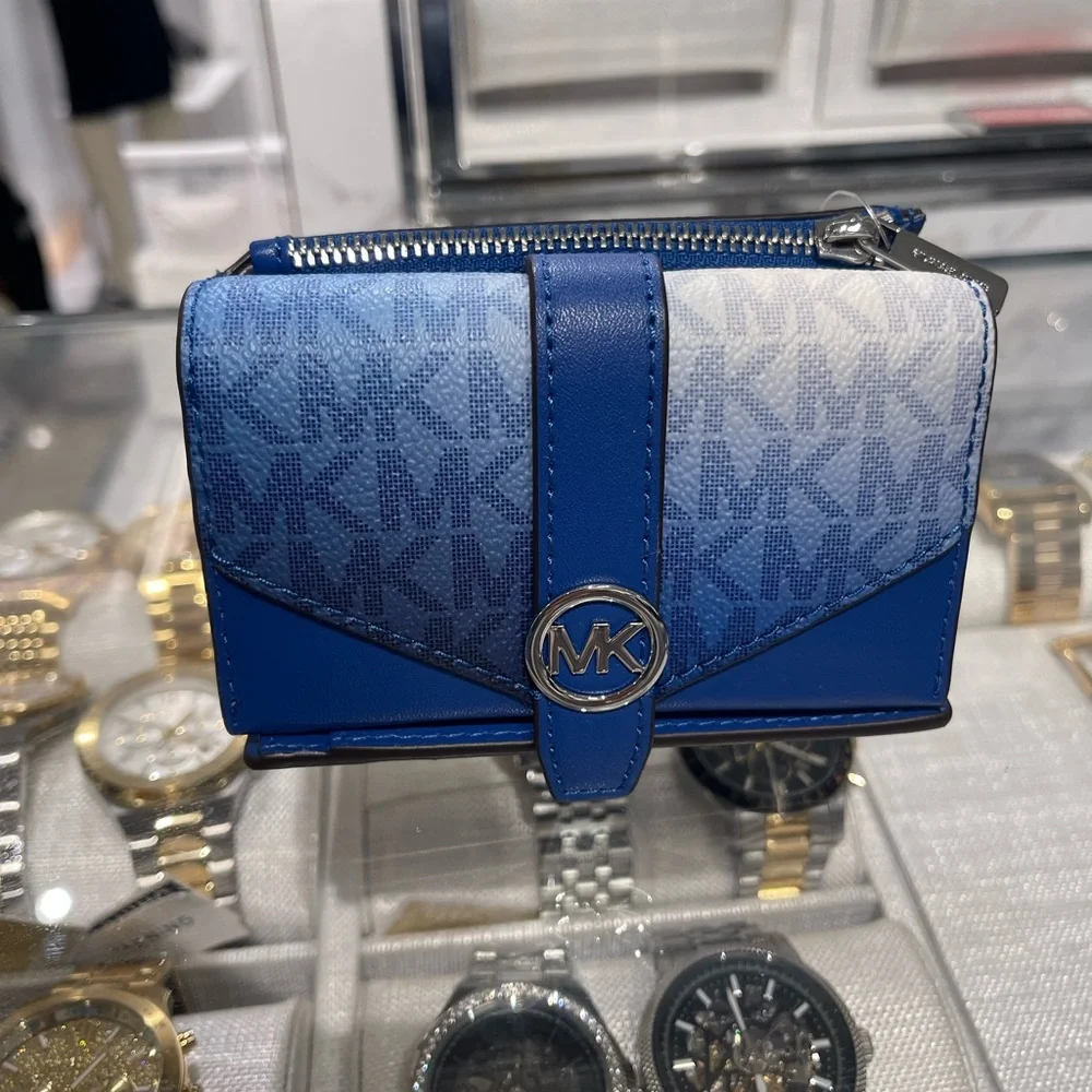 MICHAEL KORS Greenwich Medium Ombré Signature Logo Tri-Fold Wallet Galaxy Blue